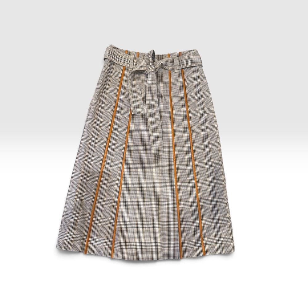 TORY BURCH Plaid Pleated A-Line Midi Skirt Leather Trim Belt Size 0 NWOT - Picture 2 of 9